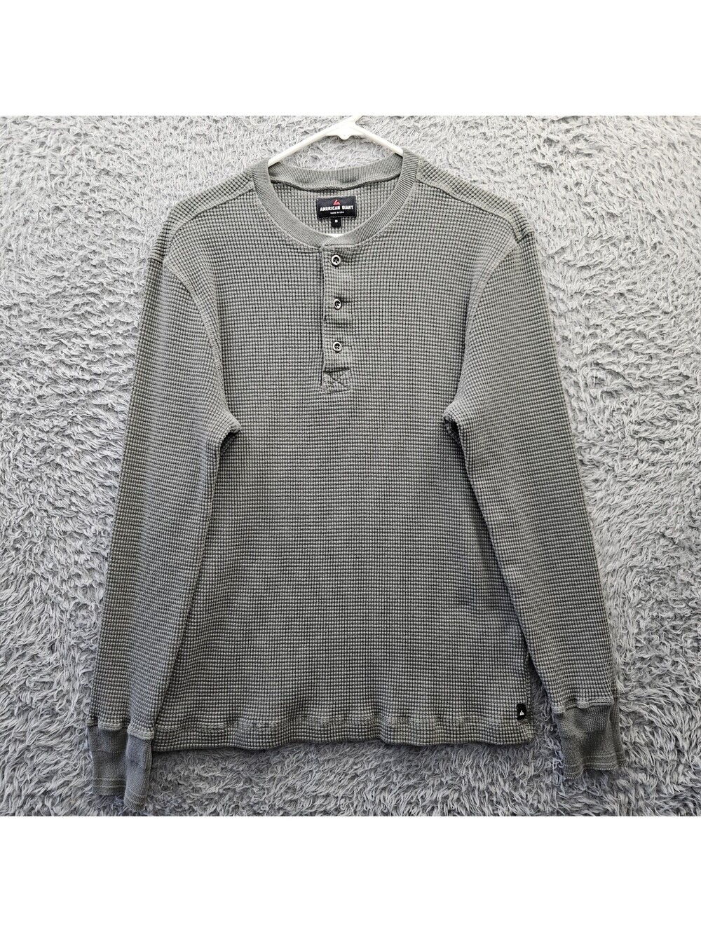 American Giant Thermal Long Sleeve T Shirt Henley Waffle Knit 100% Cotton Gray
